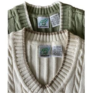 Greendog V-Neck Sweater Vests in Green and Cream Cable Knit